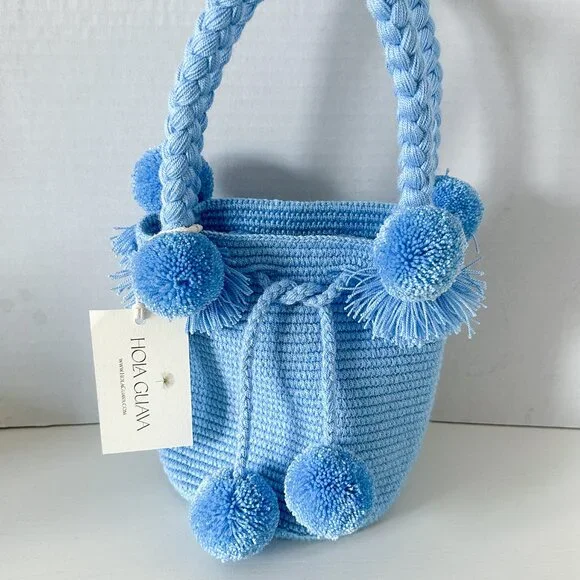 NWT Hola Guava Sky Blue Mini PomPom Bag - Picture 2 of 4